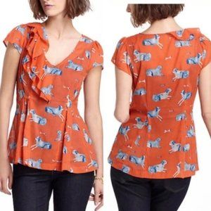 Anthropologie Orange Blouse with Blue Dog Print